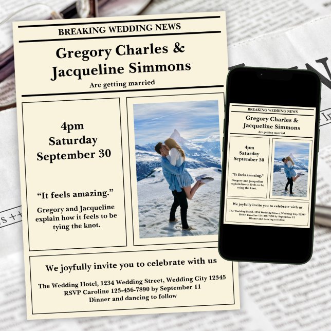 Anpassningsbar Retro Elegant - tidningsfoto Bröllo Inbjudningar (Skapare uppladdad)