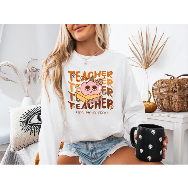 Anpassningsbar Retro Fall Teacher-Pumpkin & Bok Ha T Shirt (Skapare uppladdad)