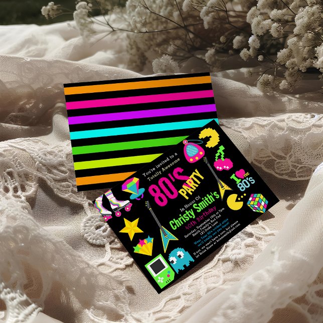 Anpassningsbar Retro Neon 80:s Födelsedagsfest Inbjudningar (Skapare uppladdad)