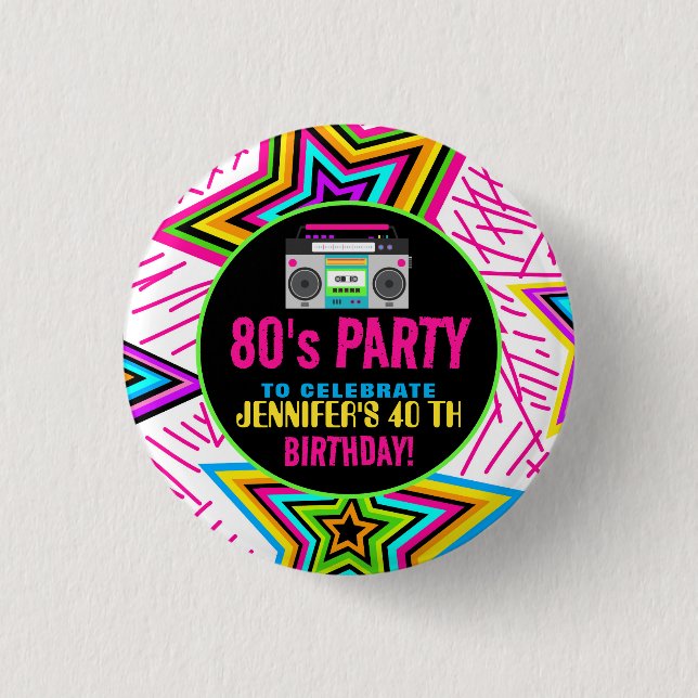 Anpassningsbar Retro Neon 80:s Födelsedagsfest Knapp (Framsida)