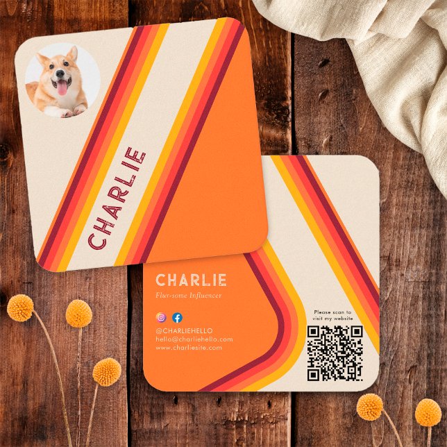 Anpassningsbar Retro Orange Pet Photo Social Media Fyrkantigt Visitkort (Front/Back)