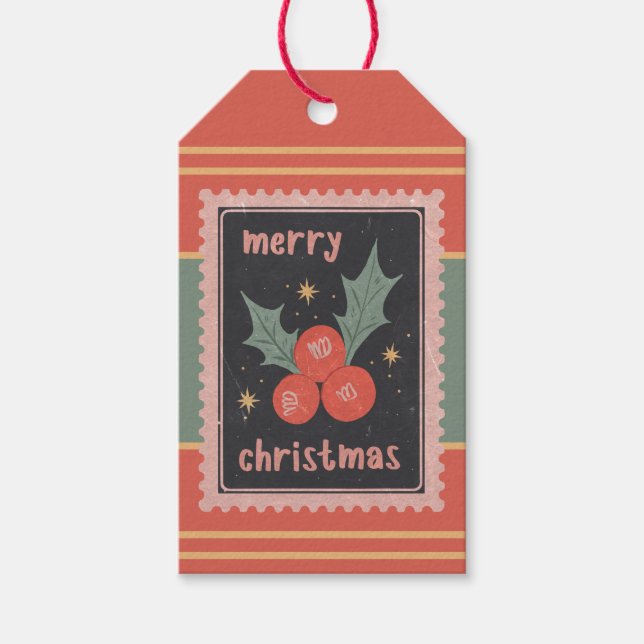 Anpassningsbar Retro Papper Frimärke jul Holly Ber Presentetikett (Framsidan)