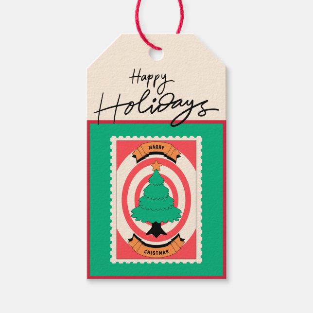 Anpassningsbar Retro Pappra Frimärke med Grönt Jul Presentetikett (Framsidan)