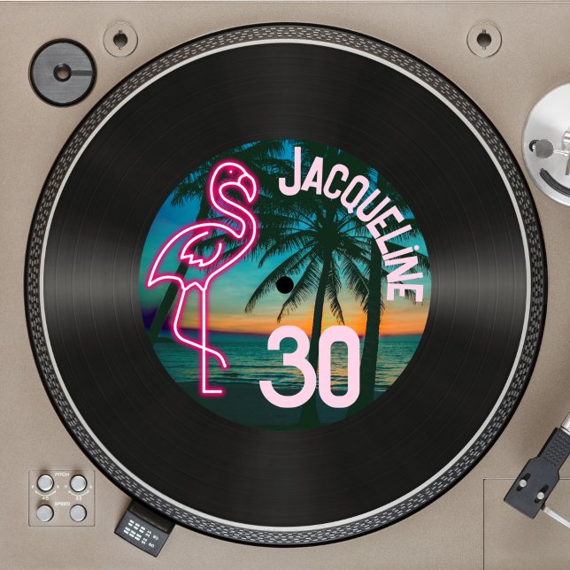 Anpassningsbar Retro Record Neon Flamingo 30års fö Inbjudningar (Skapare uppladdad)