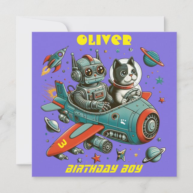 Anpassningsbar Retro Robot och Katt i Rymden (Framsida)