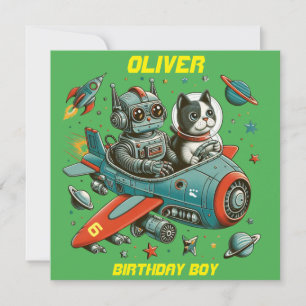 Anpassningsbar Retro Robot och Katt i Rymden Inbjudningar