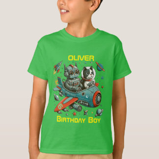 Anpassningsbar Retro Robot och Katt i Rymden T Shirt