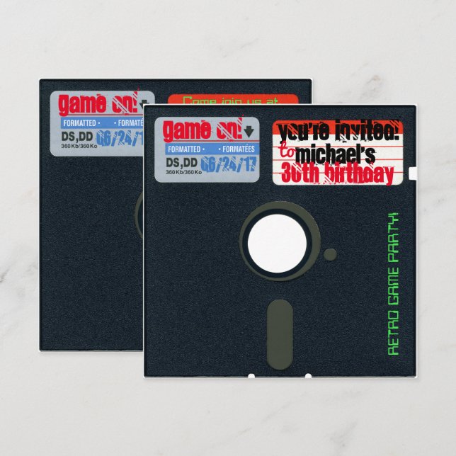Anpassningsbar Retro-spel från födelsedagsdiskette Inbjudningar (Fram/baksida)