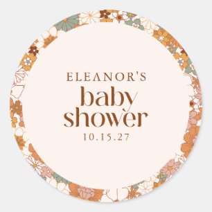Anpassningsbar Retro Terracotta Boho Blommigt Baby Runt Klistermärke