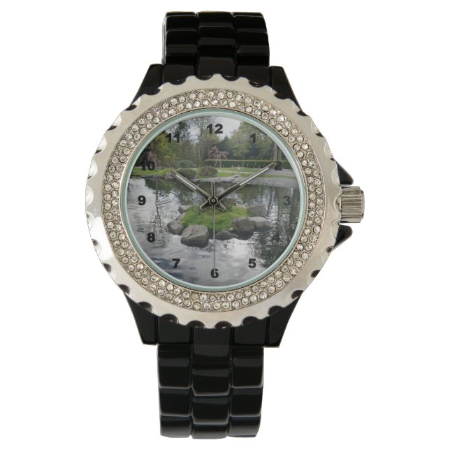 Anpassningsbar Rhinestone Black Enamel Women's wat Armbandsur (Framsida)