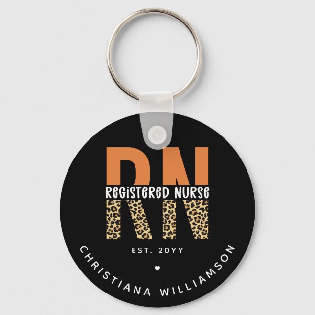 Anpassningsbar RN Registered Nurse Leopard Typogra Nyckelring (Framsida)