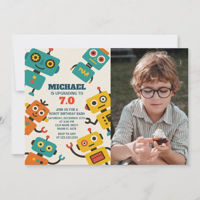 Anpassningsbar Robot Birthday-inbjudan med foto Inbjudningar (Framsida)