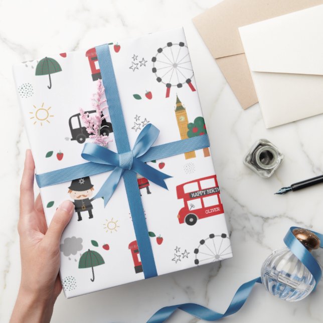 Anpassningsbar röd London-buss & klocktorn födelse Presentpapper (Gifting)