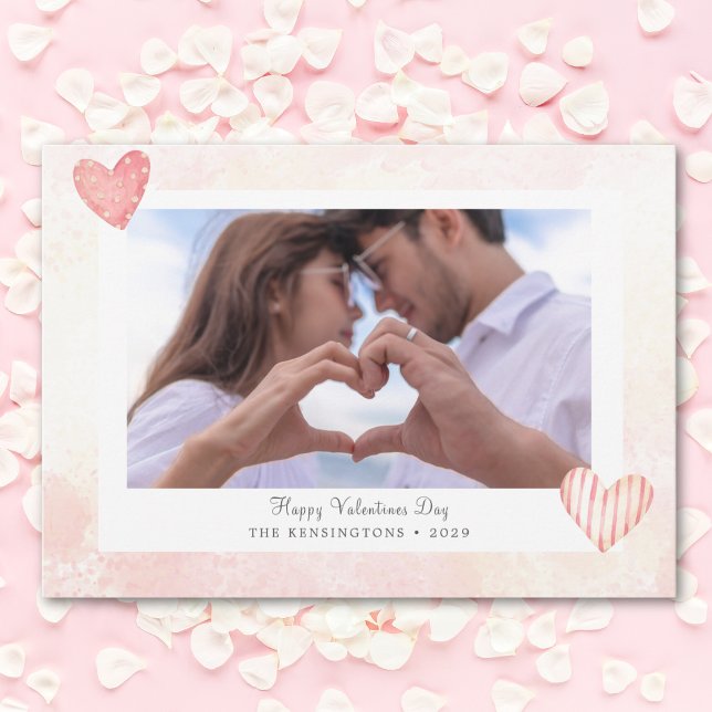 Anpassningsbar Romantic Rosa Valentines fotokort Julkort (Custom Romantic Pink Valentine's Photo Card)