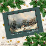 Anpassningsbar Romantic Winter Ligcape Oljemålning Helgkort<br><div class="desc">Klassskt unikt, söt och dekorativt julhälsningskort med en antika drömbild av en oljemålning från 1869 av Albert Lang, benämnd "Winter Ligcape with Decorative Figurer". På kortets framsida finns det utrymme för anpassning eller anpassning med din familj namn och Julhälsningar. Du kan också justera öppningsraden, meddelandetexten i dikt och alternativet namn...</div>