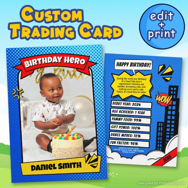 Anpassningsbar Rookie Trading Card, Tecknaden Favo (Custom Comic Birthday Trading Card Birthday Favors)