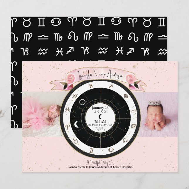 Anpassningsbar Rosa Astrology Sol Måne Birth Notic Inbjudningar (Fram/baksida)