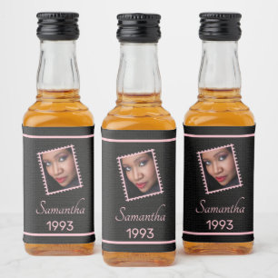 Anpassningsbar Rosa Black Photo Birthday Mini Spritflaskor Etikett