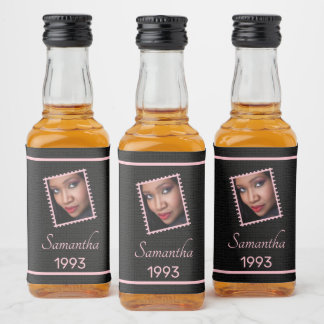Anpassningsbar Rosa Black Photo Birthday Mini Spritflaskor Etikett