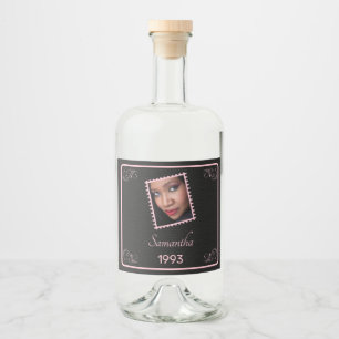 Anpassningsbar Rosa Black Photo Birthday Spritflaskor Etikett