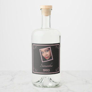 Anpassningsbar Rosa Black Photo Birthday Spritflaskor Etikett