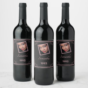 Anpassningsbar Rosa Black Photo Birthday Vin etike Vinflaska Etikett