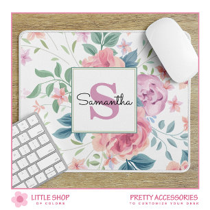 Anpassningsbar Rosa Blommig Monogrammerad Musmatta