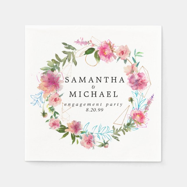 ANPASSNINGSBAR ROSA BLOMMIGT & GULD FÖRLOVNINGSFES PAPPERSSERVETT (Framsidan)