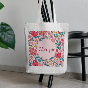 Anpassningsbar Rosa Blommigt Heart I kärlek You Mo Tygkasse