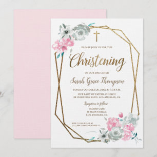 Anpassningsbar Rosa Blommigt Watercolor Baby Chris Inbjudningar