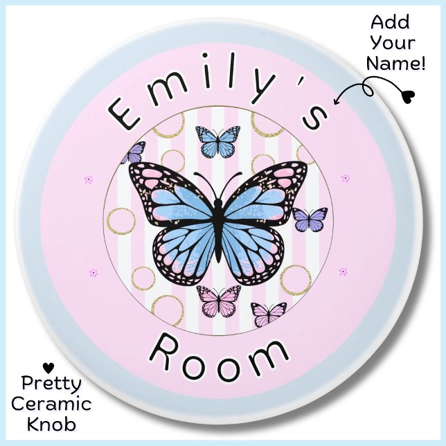 Anpassningsbar Rosa Blue Lila Butterfly Ceramic Kn Knopp (A pretty custom name ceramic knob featuring butterflies in soft pink and blue, white and gold.)