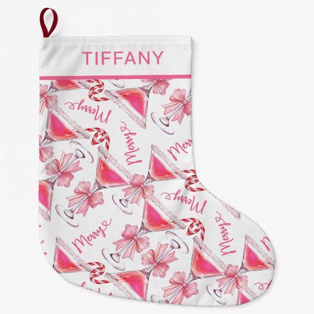 Anpassningsbar Rosa Candy cane Martini Stor Julstrumpa (Framsidan)