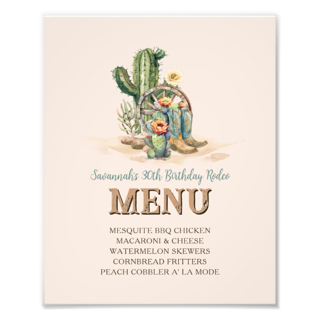 Anpassningsbar  Rosa Cowgirl Up Rodeo Party Menu S Fototryck (Framsidan)