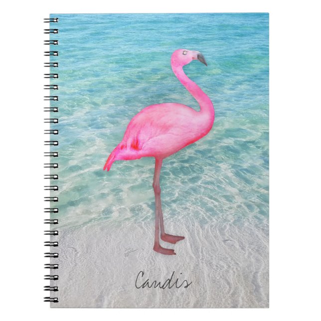 Anpassningsbar Rosa Flamingo Tropical Sandy Beach  Anteckningsbok (Framsidan)