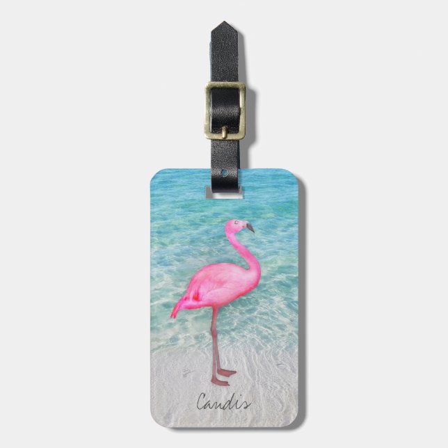 Anpassningsbar Rosa Flamingo Tropical Sandy Beach  Bagagebricka (Vertikal Framsida)