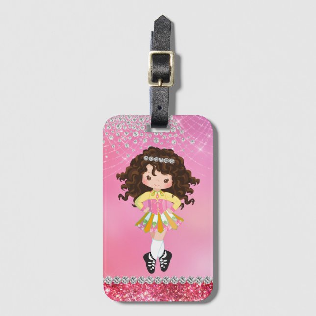 Anpassningsbar Rosa Glam Irish Dance Brunette Girl Bagagebricka (Framsida vertikal)