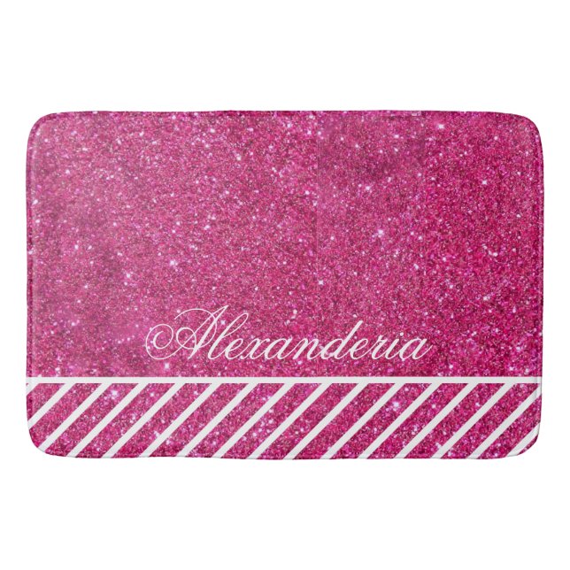 Anpassningsbar Rosa Glitter och Vita Rand Modern k Badrumsmatta (Framsidan)