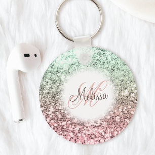 Anpassningsbar Rosa Grönt Glitter Monogram Namn Nyckelring