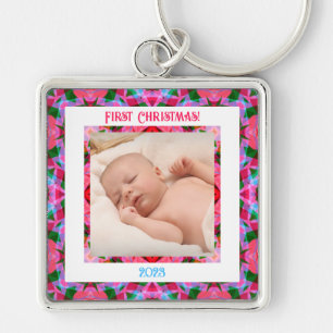 Anpassningsbar Rosa Grönt Jolly Festive julfoto Fyrkantig Silverfärgad Nyckelring