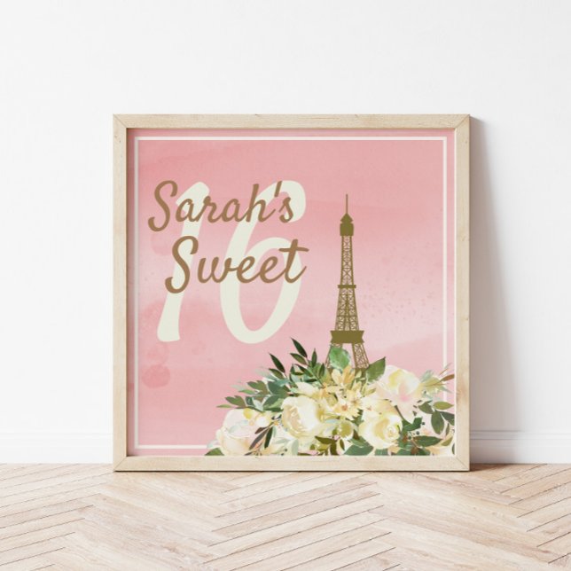Anpassningsbar Rosa Guld Eiffel Torn Sweet 16 Birt Poster (Pink Eiffel Tower Sweet 16 poster)