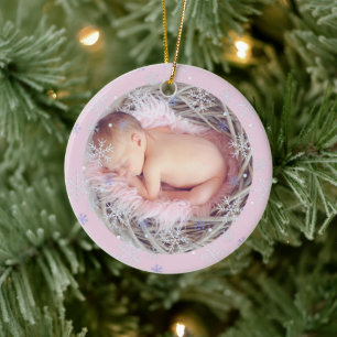 Anpassningsbar Rosa Keepsaké Photo Baby Första jul Julgransprydnad Keramik