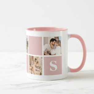 Anpassningsbar Rosa och vit monogram Photo Collage Mugg