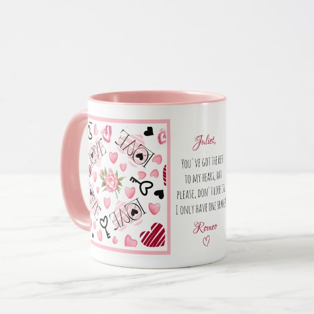 Anpassningsbar Rosa Peony Hearts Kärlek Valentines Mugg (Framsida vänster)