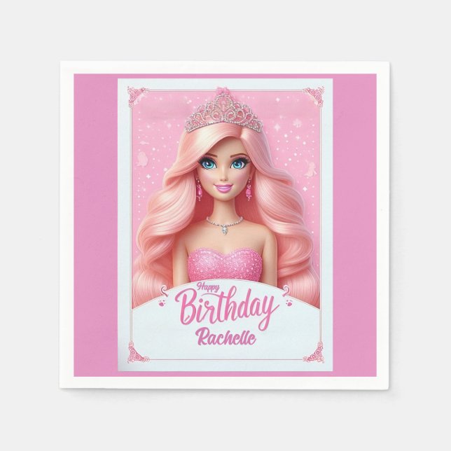 Anpassningsbar Rosa Princess Grattis på födelsedag Pappersservett (Framsidan)