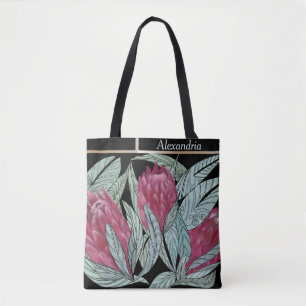 Anpassningsbar rosa Protea blomma grönt löv Tygkasse