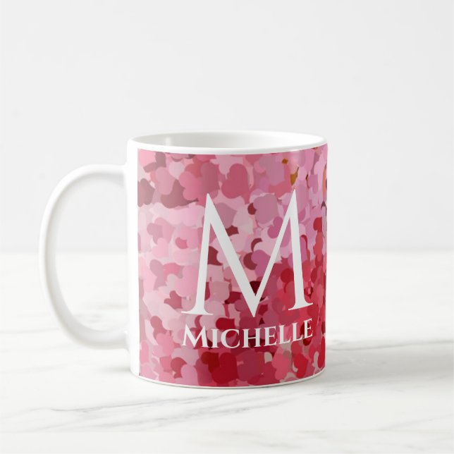Anpassningsbar Rosa Red Hearts Template Monogram I Kaffemugg (Vänster)