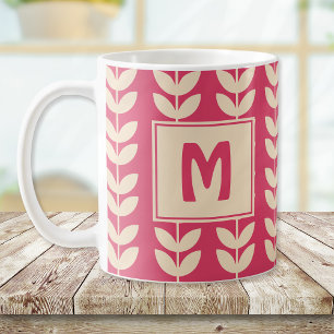 Anpassningsbar Rosa Retro Vibe Löv Mönster Monogra Kaffemugg