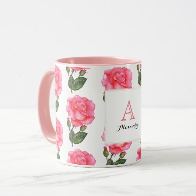 Anpassningsbar Rosa ros Blommigt Art Monogram Squa Mugg (Framsida vänster)