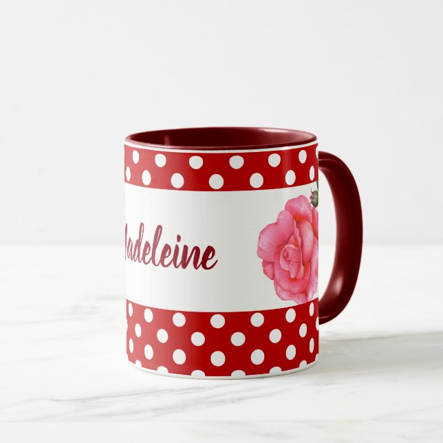 Anpassningsbar Rosa ros Blommigt Art Polka Dot Mugg (Framsida höger)