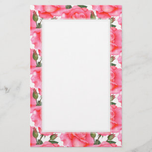 Anpassningsbar Rosa ros Blommigt Art White Gräns Brevpapper